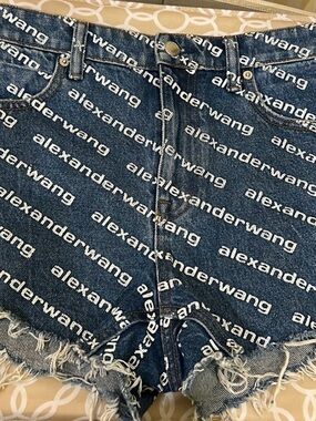 Alexander Wang Blue Denim Logo-Print Frayed Hem Shorts